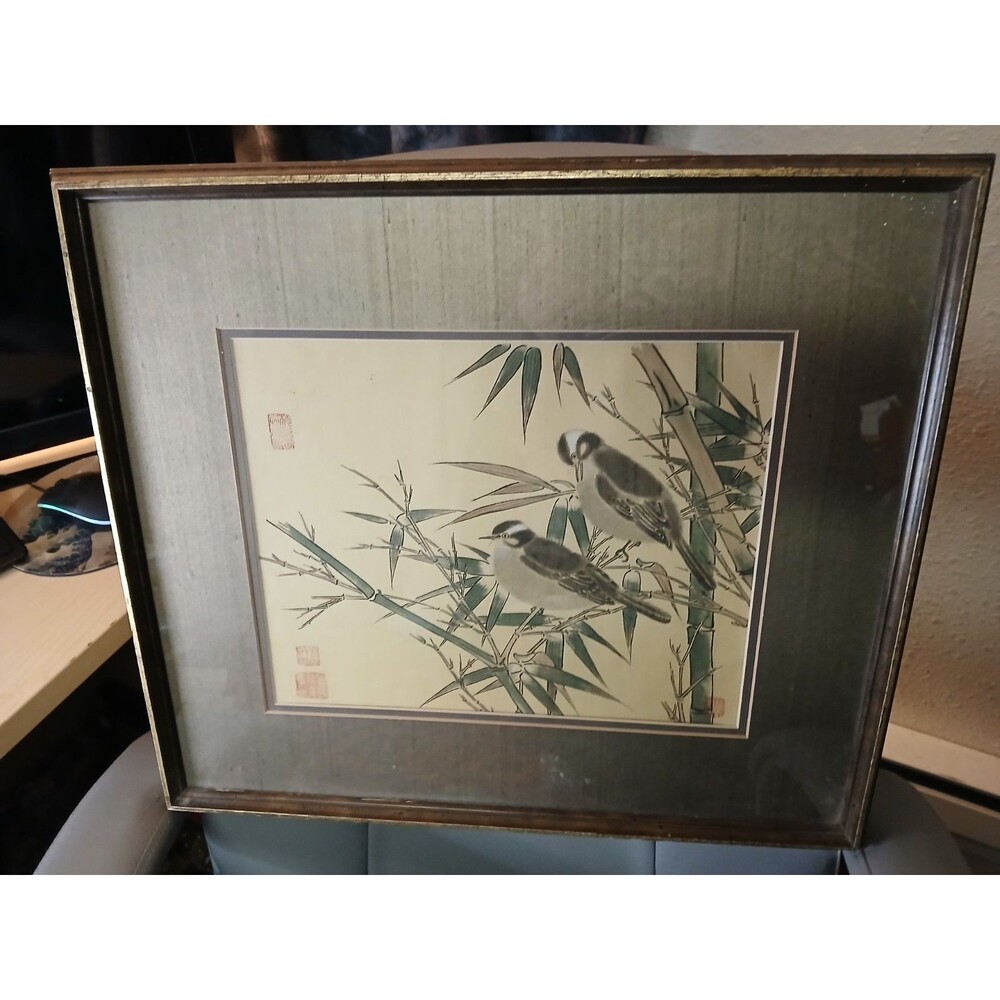 Vintage Original Chinese Watercolor Painting Bird Bamboo Signed VTG OOAK Framed